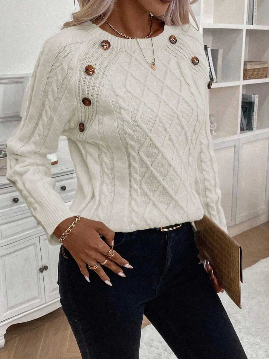 Clara | Button-Detail Cable Knit Jumper