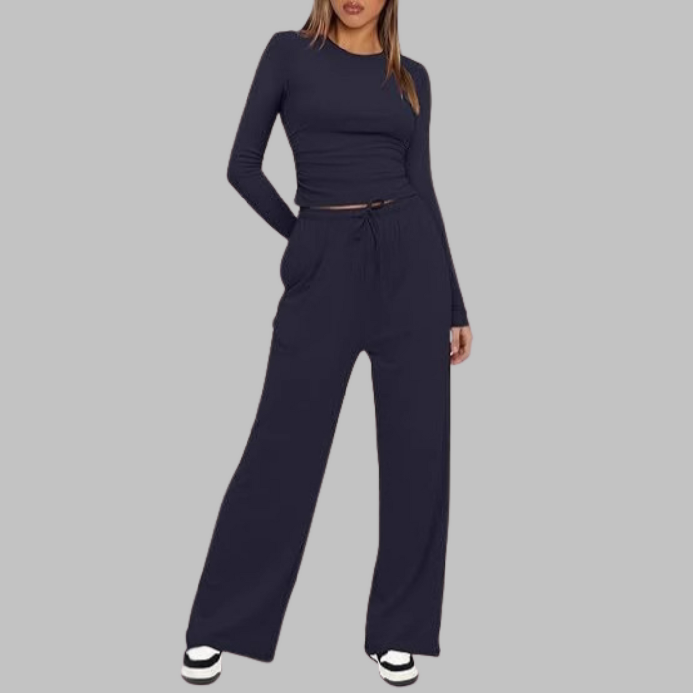 Belle Casual Long Sleeve Top and Wide Leg Pants Set