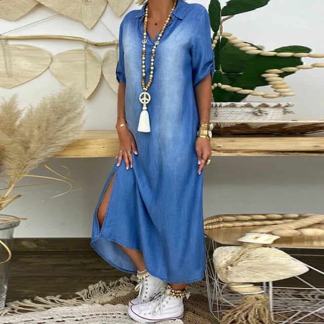 Marise | Lange jurk in jeanslook met zijsplit