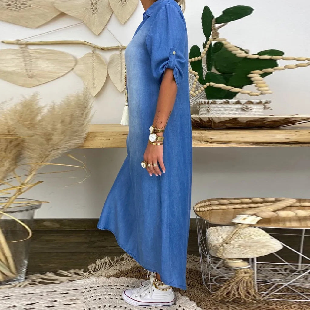 Marise | Lange jurk in jeanslook met zijsplit
