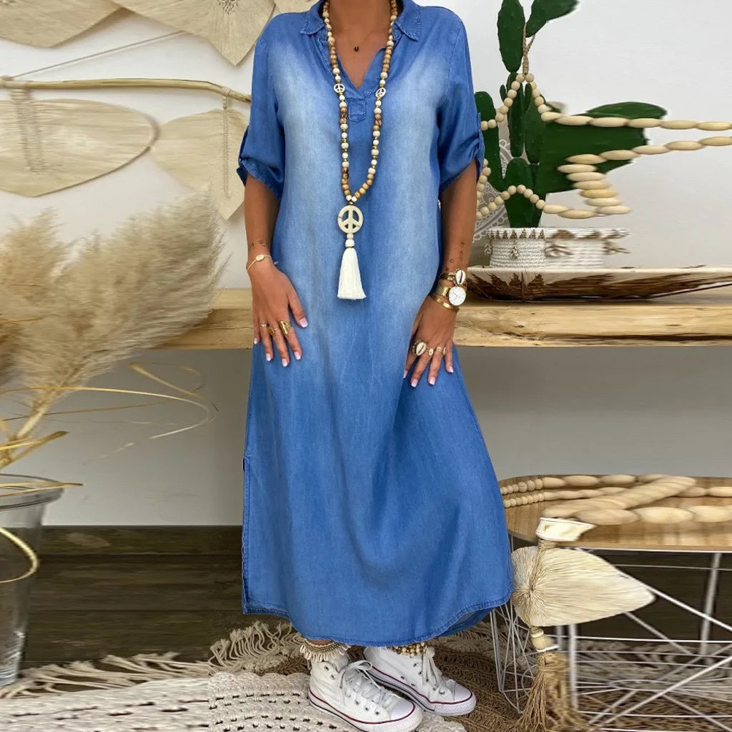 Marise | Lange jurk in jeanslook met zijsplit