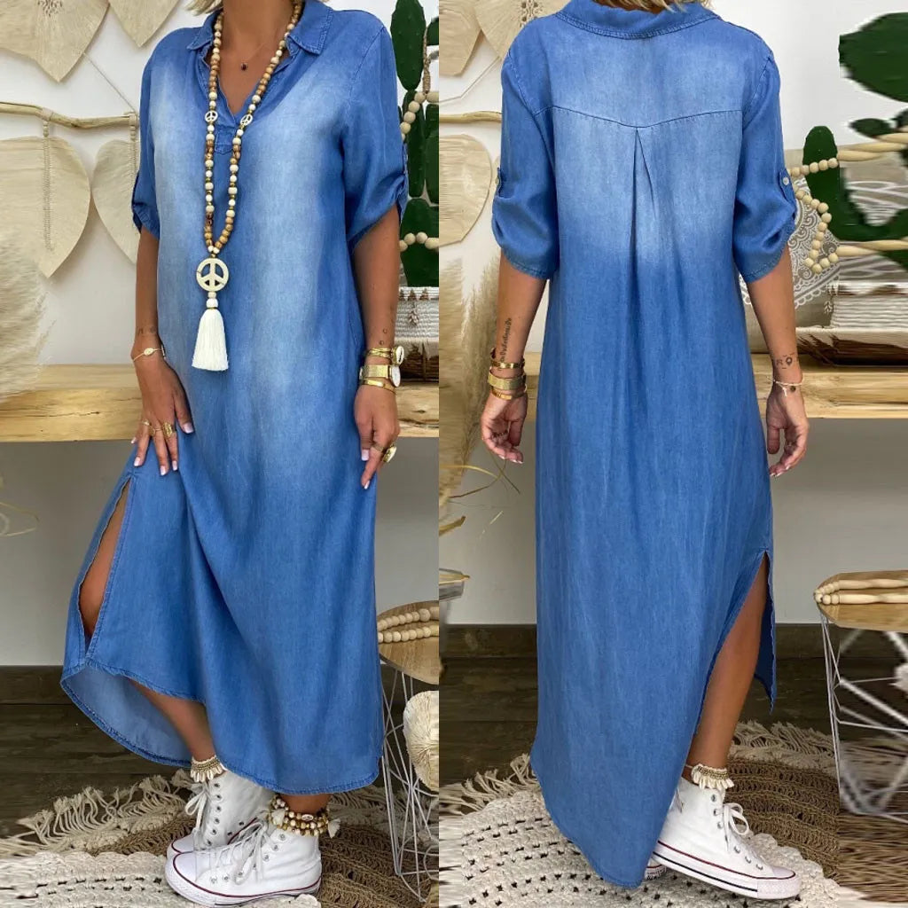 Marise | Lange jurk in jeanslook met zijsplit
