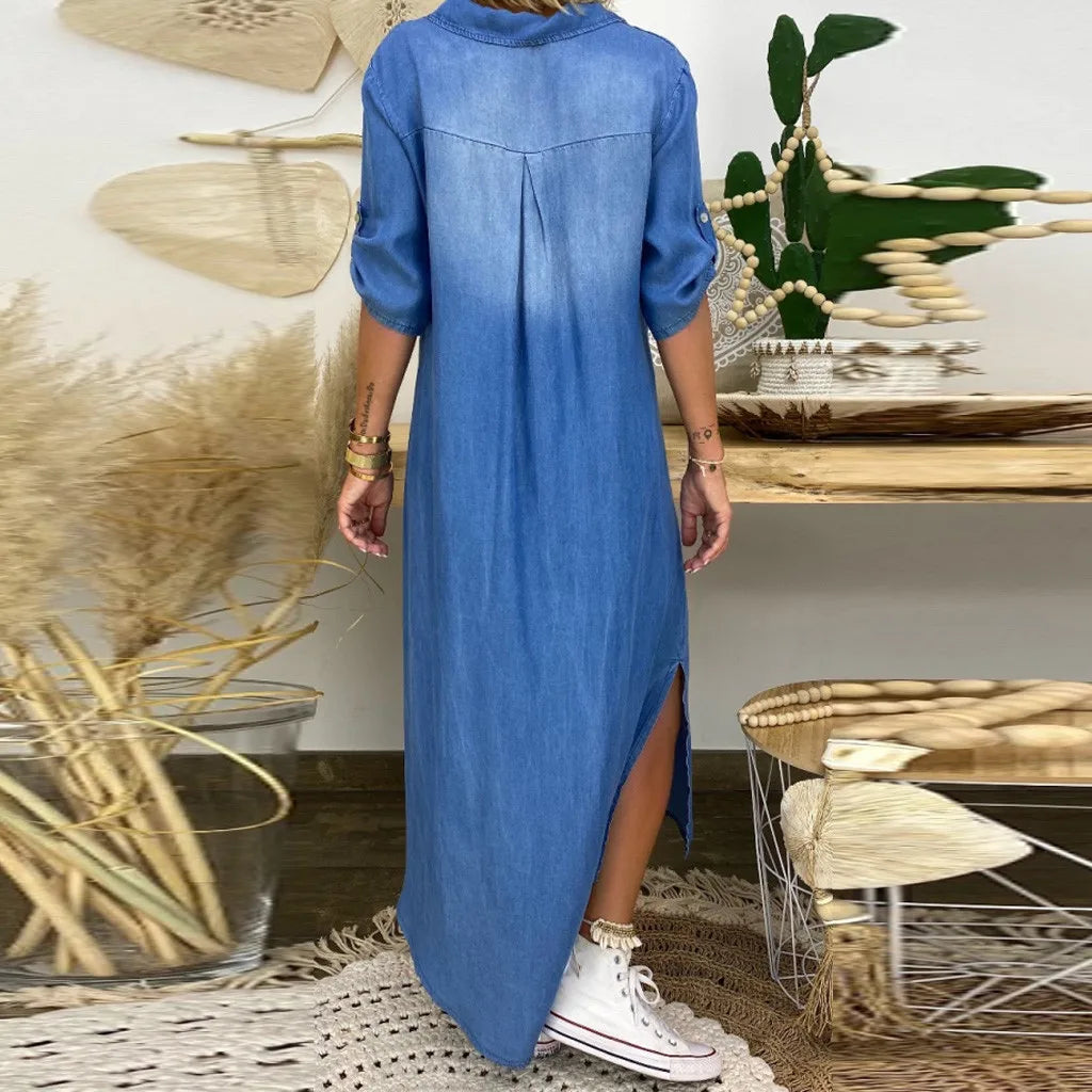 Marise | Lange jurk in jeanslook met zijsplit