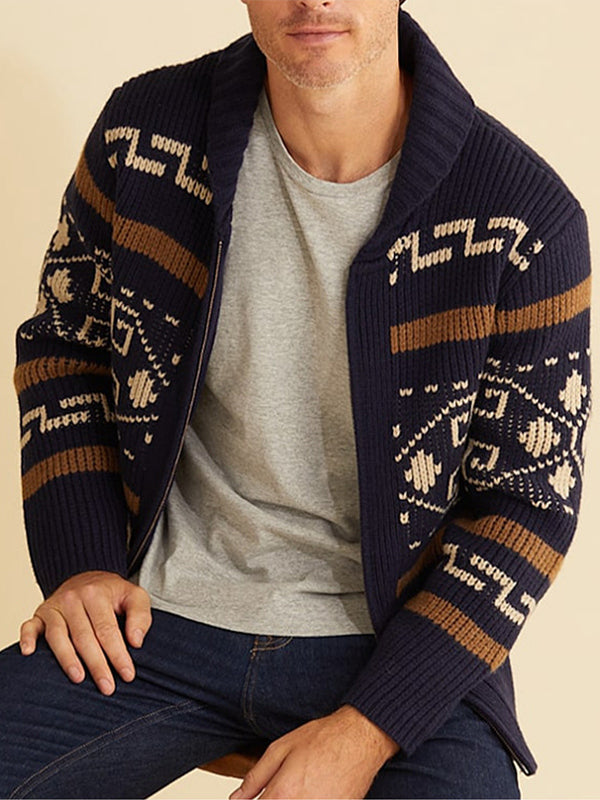 Hugo | Men's lapel jacquard knitted casual sweater cardigan jacket