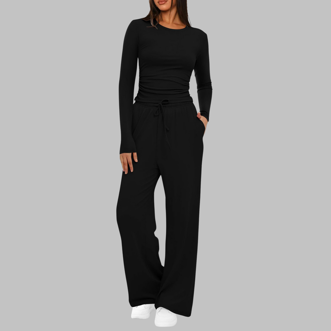 Belle Casual Long Sleeve Top and Wide Leg Pants Set