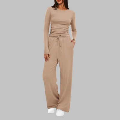 Belle Casual Long Sleeve Top and Wide Leg Pants Set