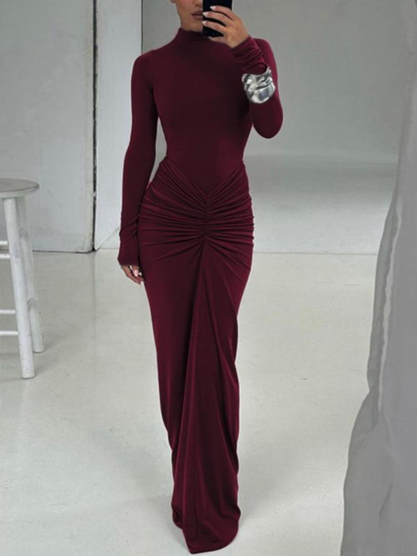 Betty | Classy Ruched Long Sleeve Mock Bodycon Maxi Dress
