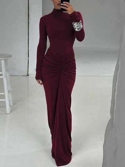 Betty | Classy Ruched Long Sleeve Mock Bodycon Maxi Dress