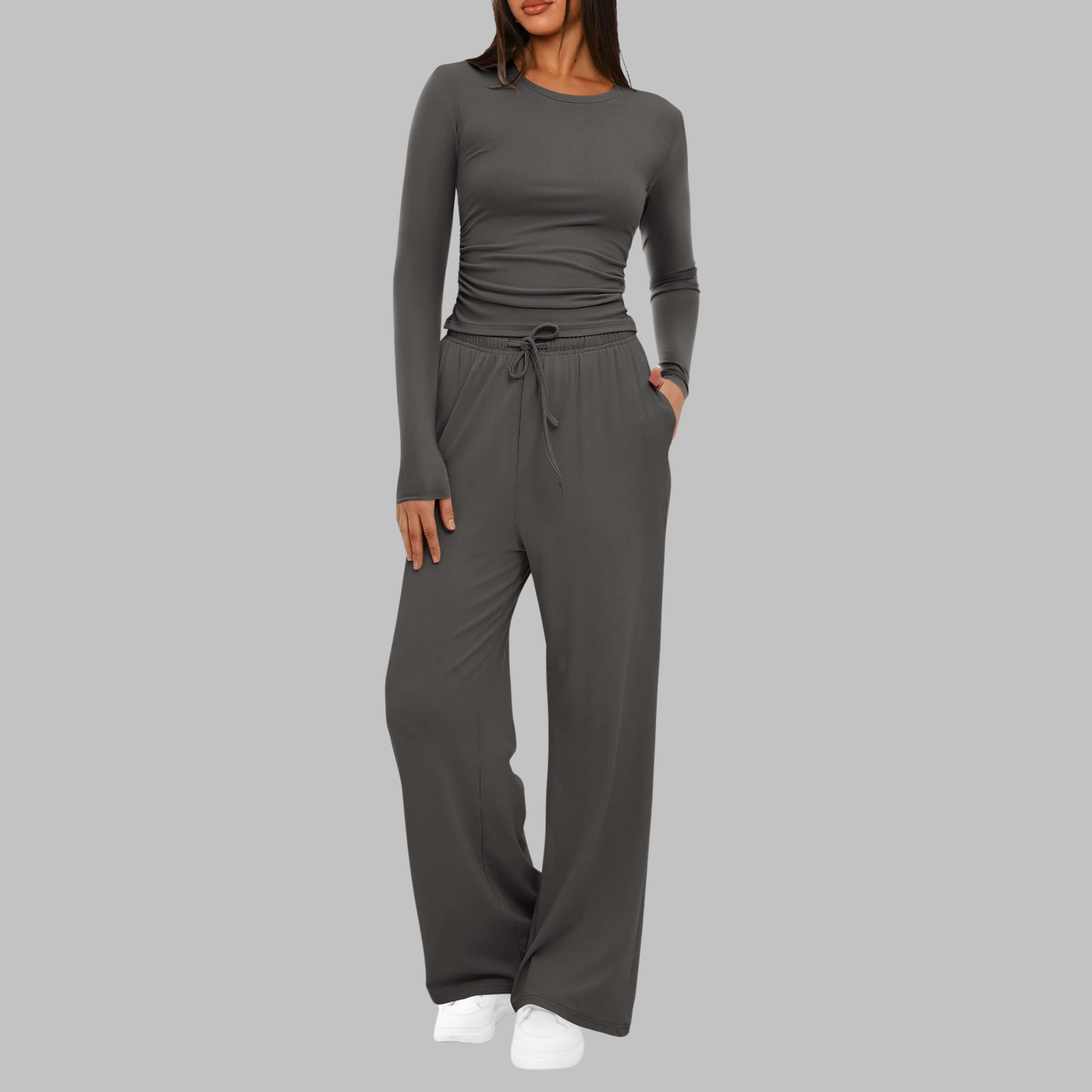 Belle Casual Long Sleeve Top and Wide Leg Pants Set