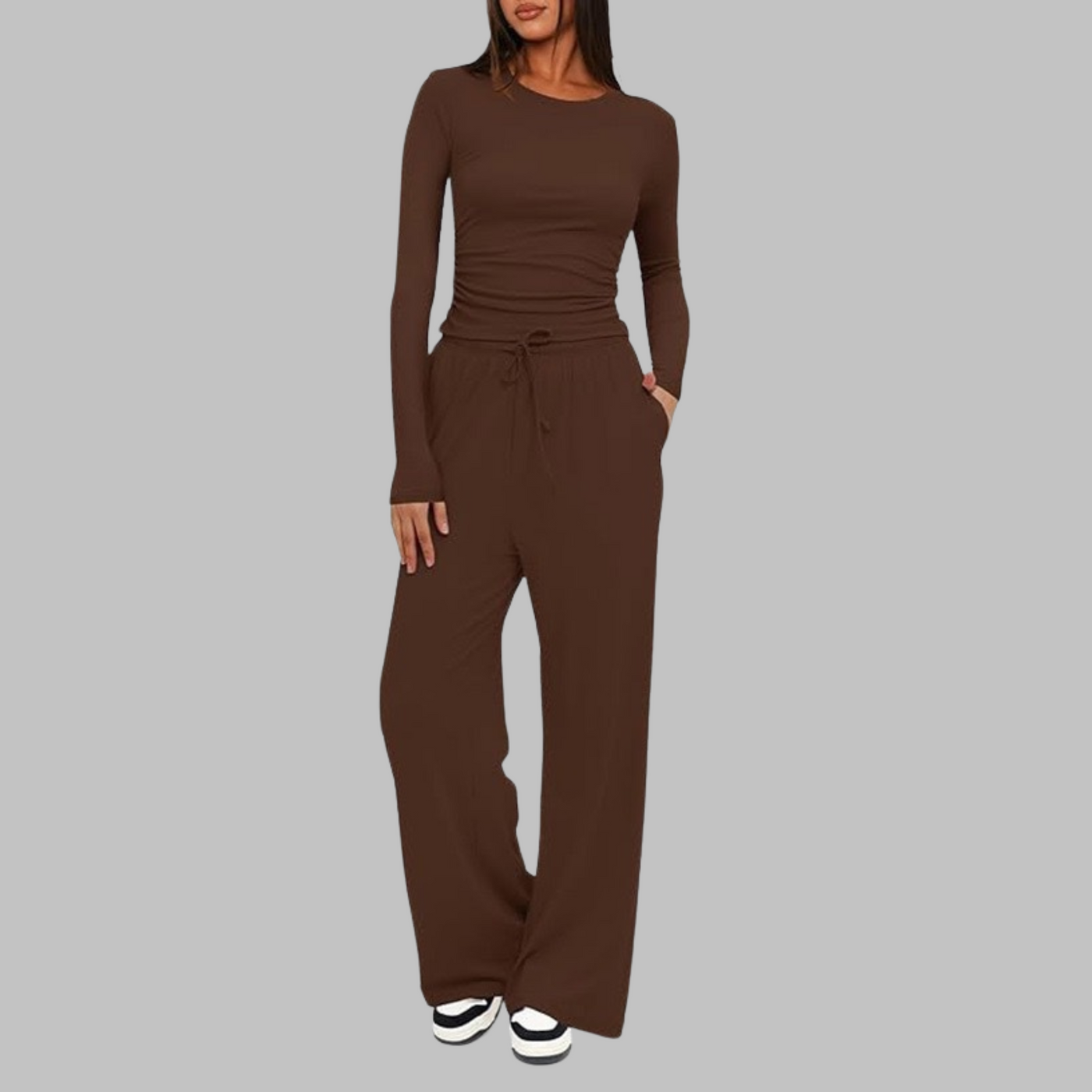 Belle Casual Long Sleeve Top and Wide Leg Pants Set