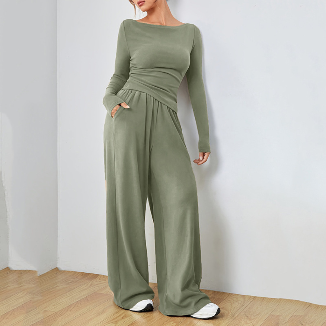 DANTARA | Casual Long Sleeve Top and Wide Leg Pants Set