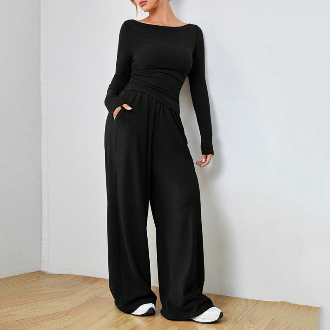 DANTARA | Casual Long Sleeve Top and Wide Leg Pants Set