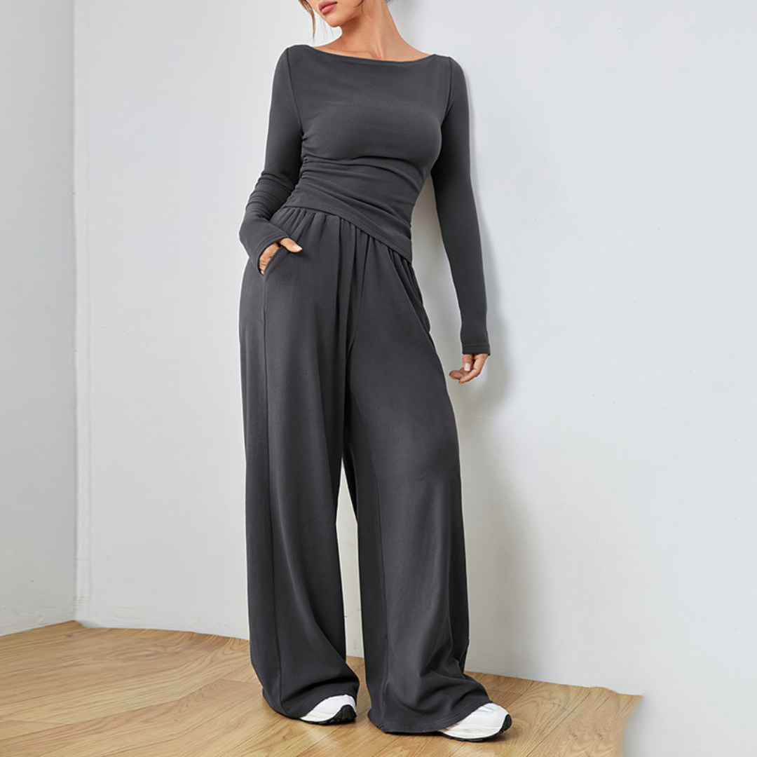 DANTARA | Casual Long Sleeve Top and Wide Leg Pants Set