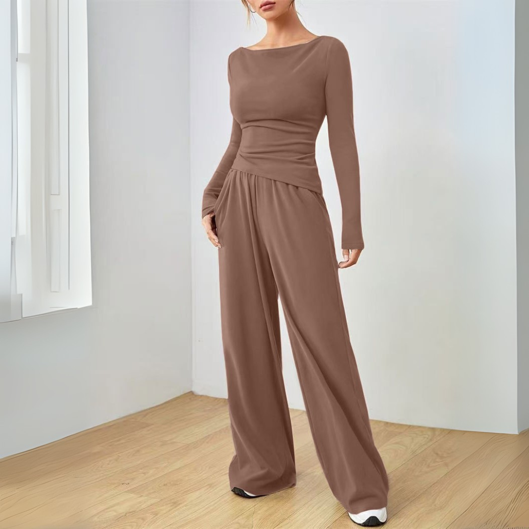 DANTARA | Casual Long Sleeve Top and Wide Leg Pants Set
