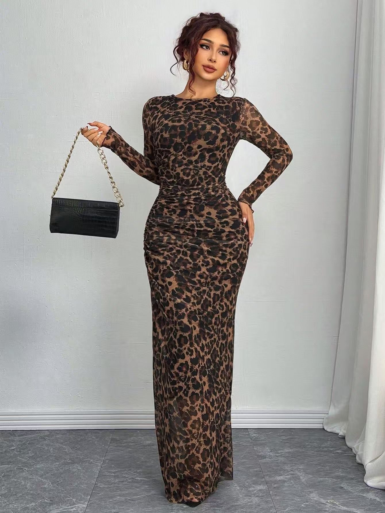 Tori | Comfy Printed Long Sleeve Round Neck Bodycon Maxi Dress