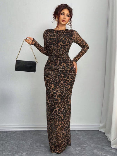 Tori | Comfy Printed Long Sleeve Round Neck Bodycon Maxi Dress