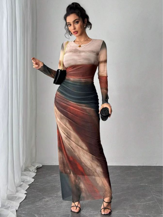 Tori | Comfy Printed Long Sleeve Round Neck Bodycon Maxi Dress