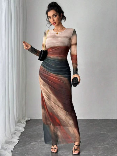 Tori | Comfy Printed Long Sleeve Round Neck Bodycon Maxi Dress