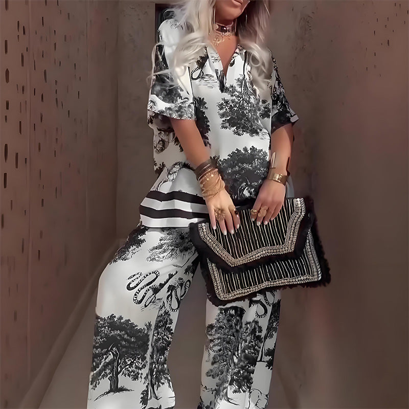 Calisa Set | Elegant and Lightweight V-Neck Top with Long Trousers